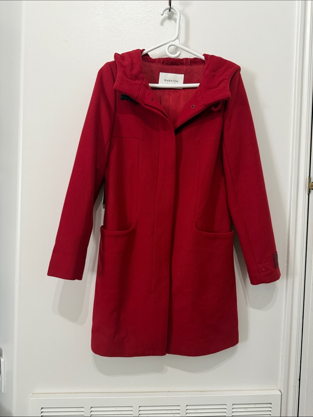 Aritzia Red Hooded Wool Coat with Patch Pockets
